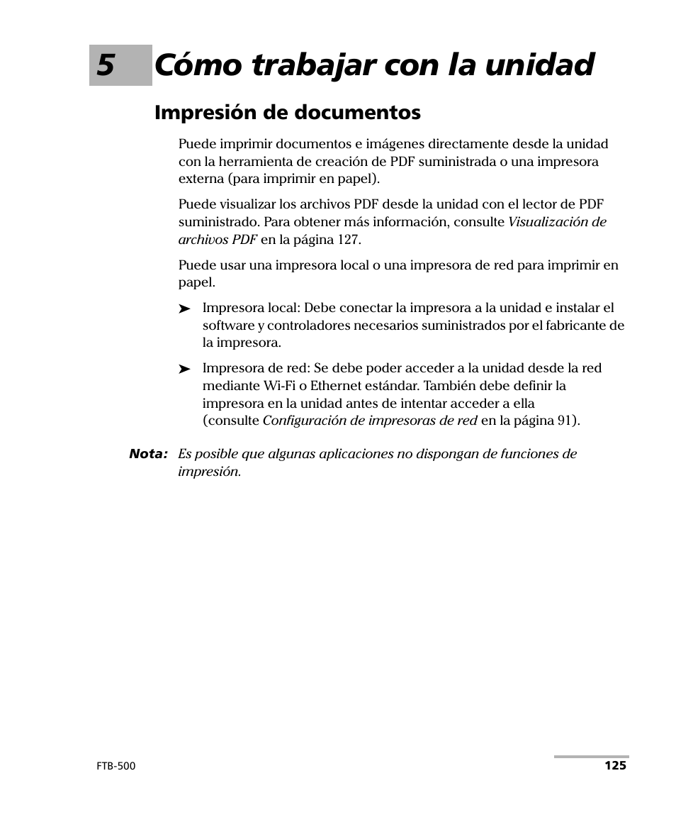 5 cómo trabajar con la unidad, Impresión de documentos, 5cómo trabajar con la unidad | EXFO FTB-500 (Window XP) User Manual | Page 133 / 477