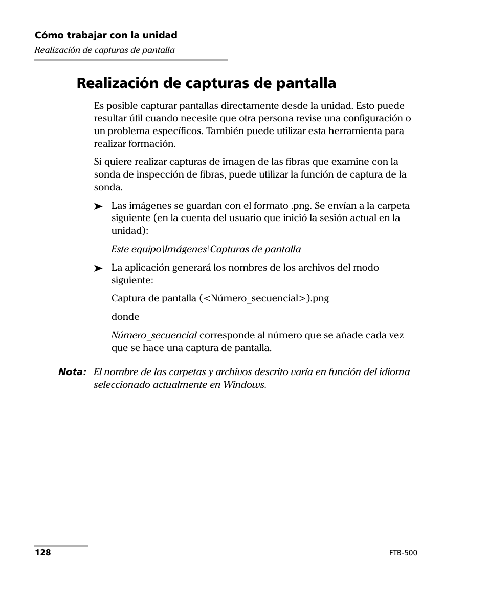 Realización de capturas de pantalla | EXFO FTB-500 (Window XP) User Manual | Page 136 / 477