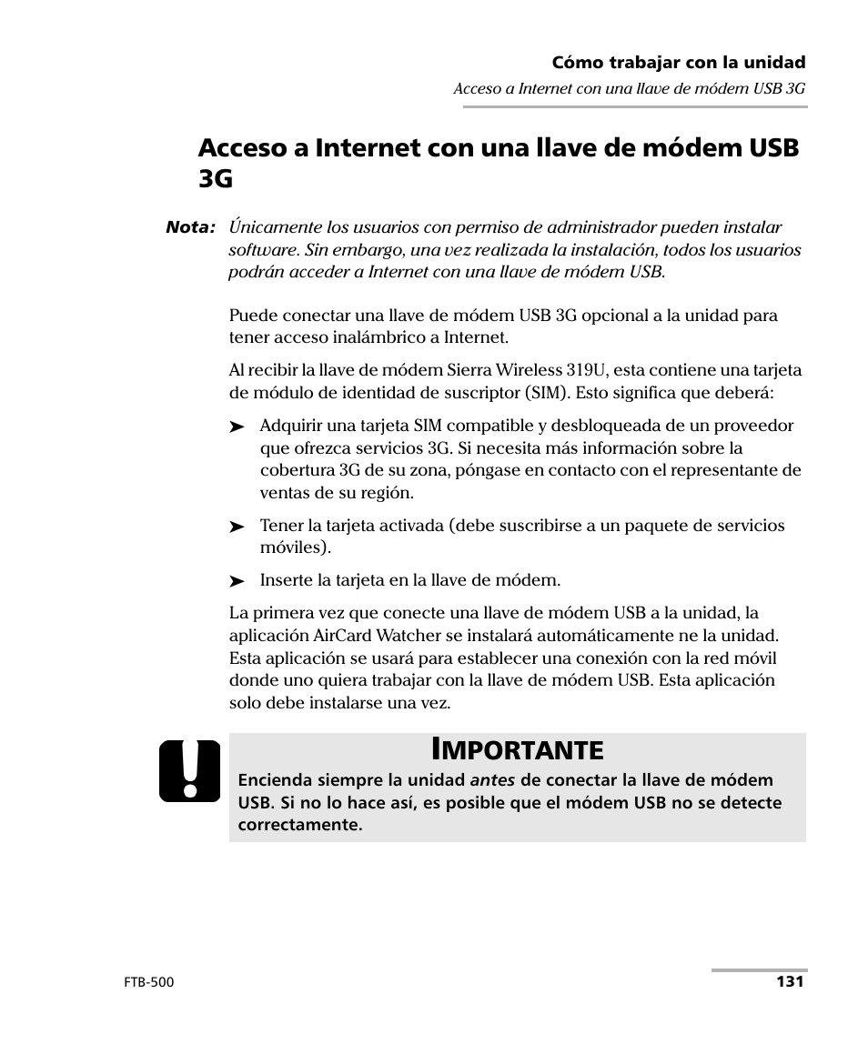 Acceso a internet con una llave de módem usb 3g, Mportante | EXFO FTB-500 (Window XP) User Manual | Page 139 / 477