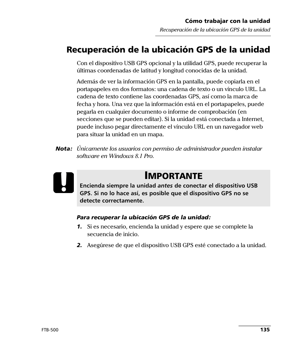 Recuperación de la ubicación gps de la unidad, Mportante | EXFO FTB-500 (Window XP) User Manual | Page 143 / 477