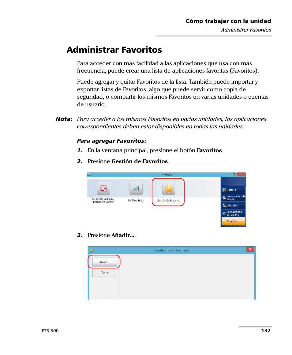 Administrar favoritos | EXFO FTB-500 (Window XP) User Manual | Page 145 / 477