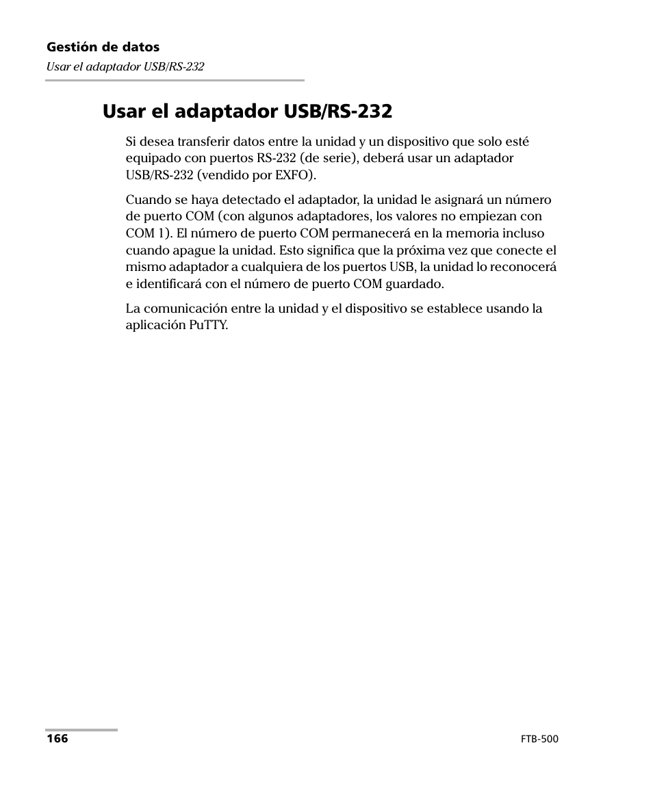 Usar el adaptador usb/rs-232, Usar el adaptador usb/rs-232 en la | EXFO FTB-500 (Window XP) User Manual | Page 174 / 477