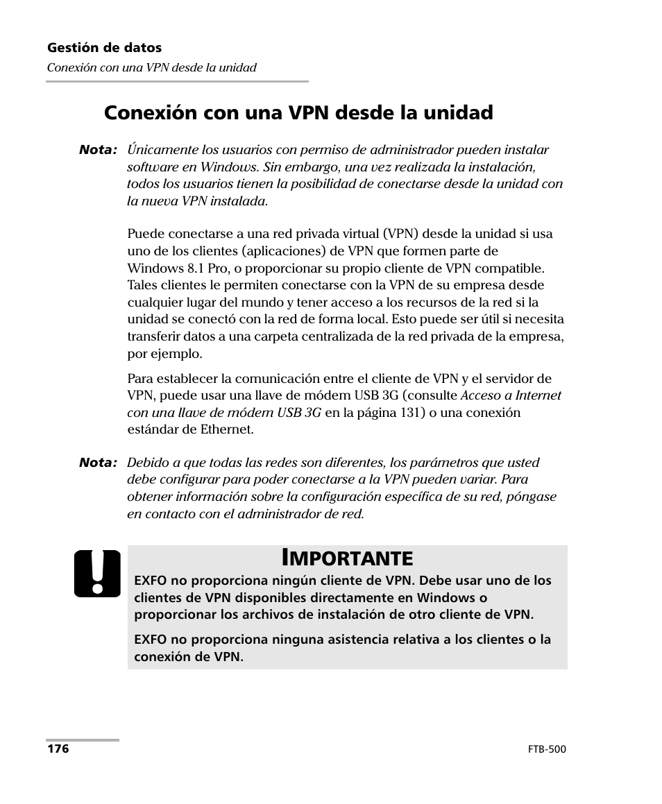 Conexión con una vpn desde la unidad, Mportante | EXFO FTB-500 (Window XP) User Manual | Page 184 / 477