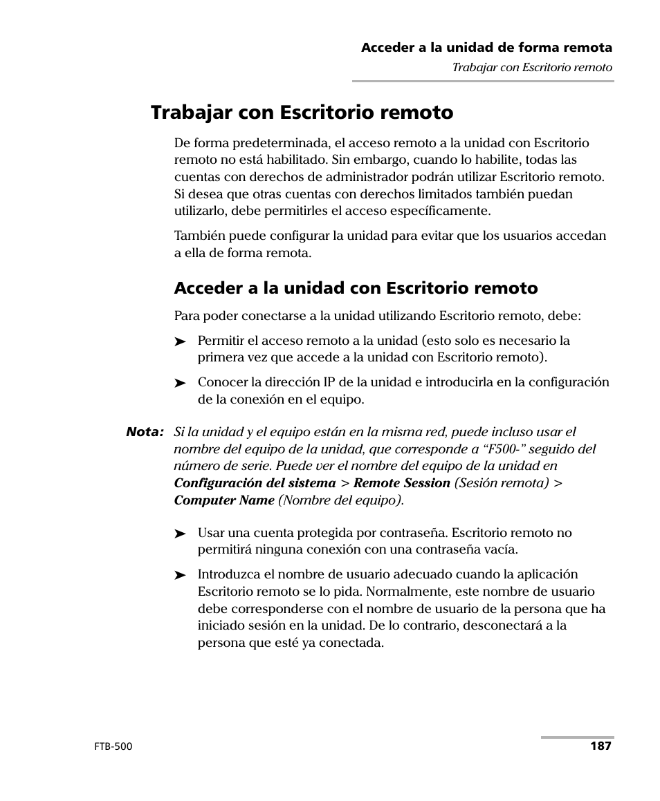 Trabajar con escritorio remoto, Acceder a la unidad con escritorio remoto | EXFO FTB-500 (Window XP) User Manual | Page 195 / 477