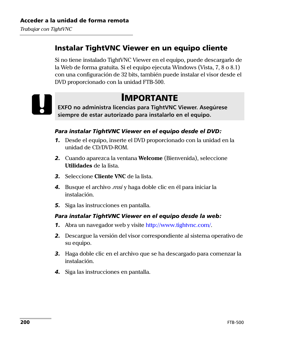 Mportante, Instalar tightvnc viewer en un equipo cliente | EXFO FTB-500 (Window XP) User Manual | Page 208 / 477