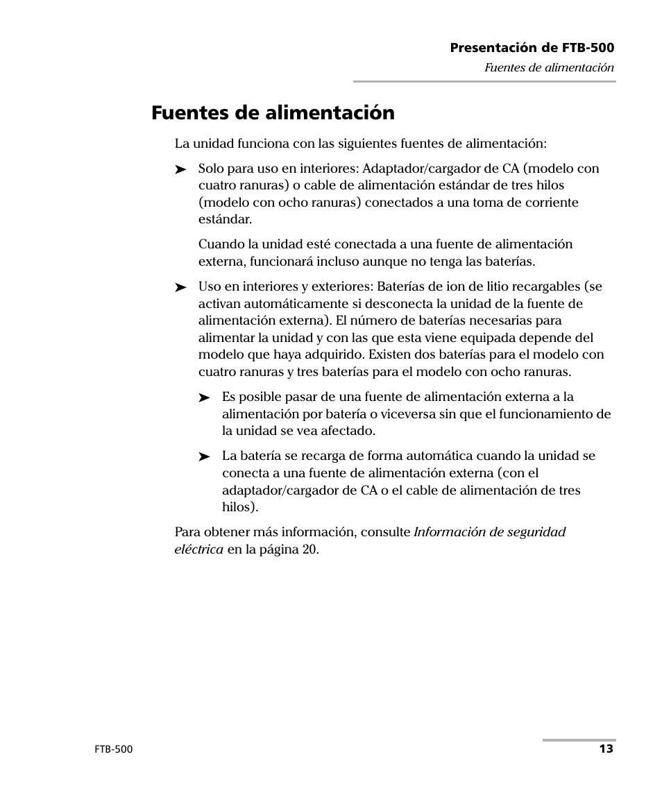 Fuentes de alimentación | EXFO FTB-500 (Window XP) User Manual | Page 21 / 477