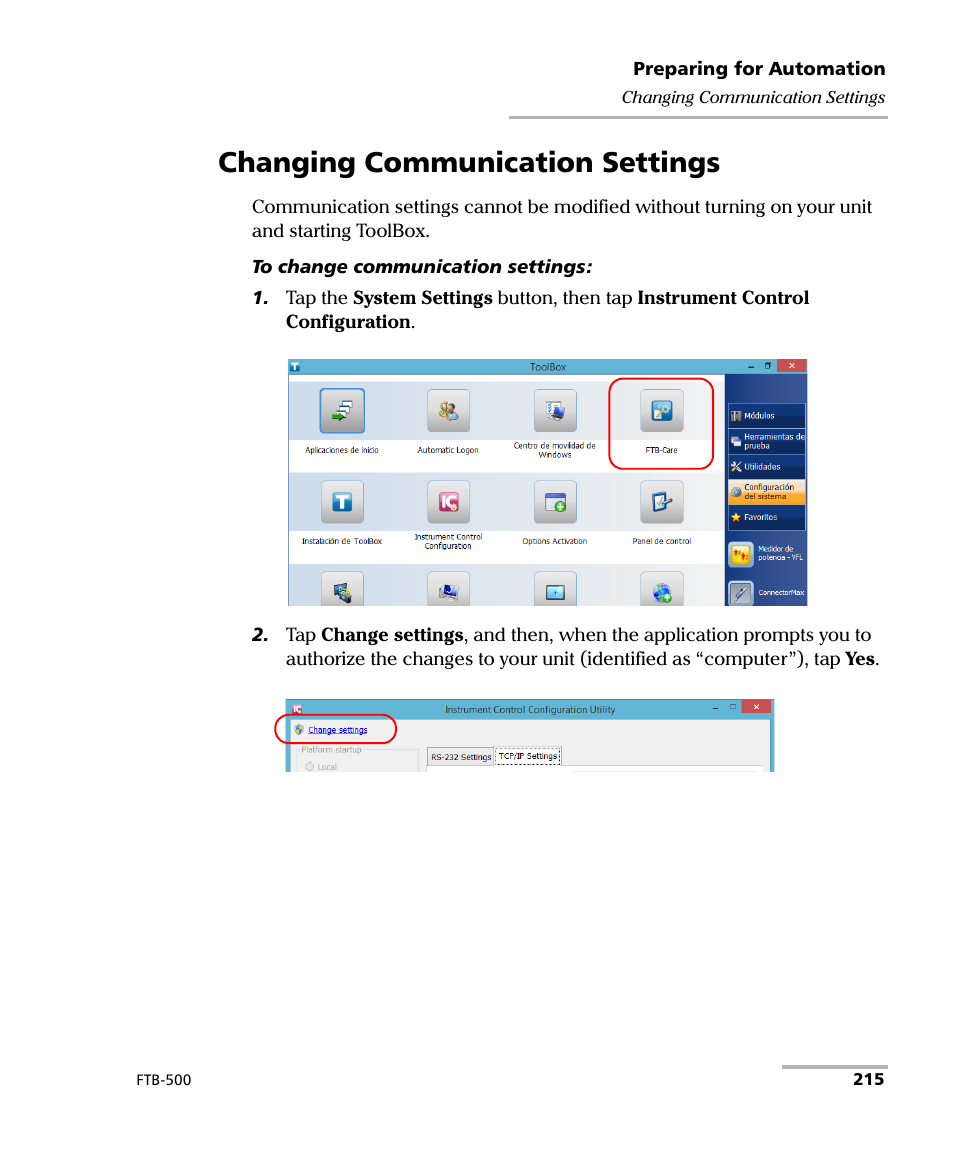 Changing communication settings | EXFO FTB-500 (Window XP) User Manual | Page 223 / 477