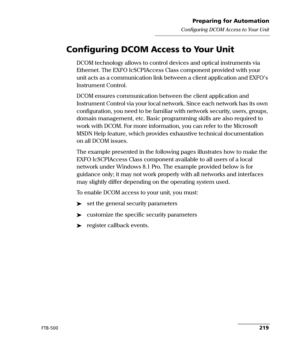 Configuring dcom access to your unit | EXFO FTB-500 (Window XP) User Manual | Page 227 / 477