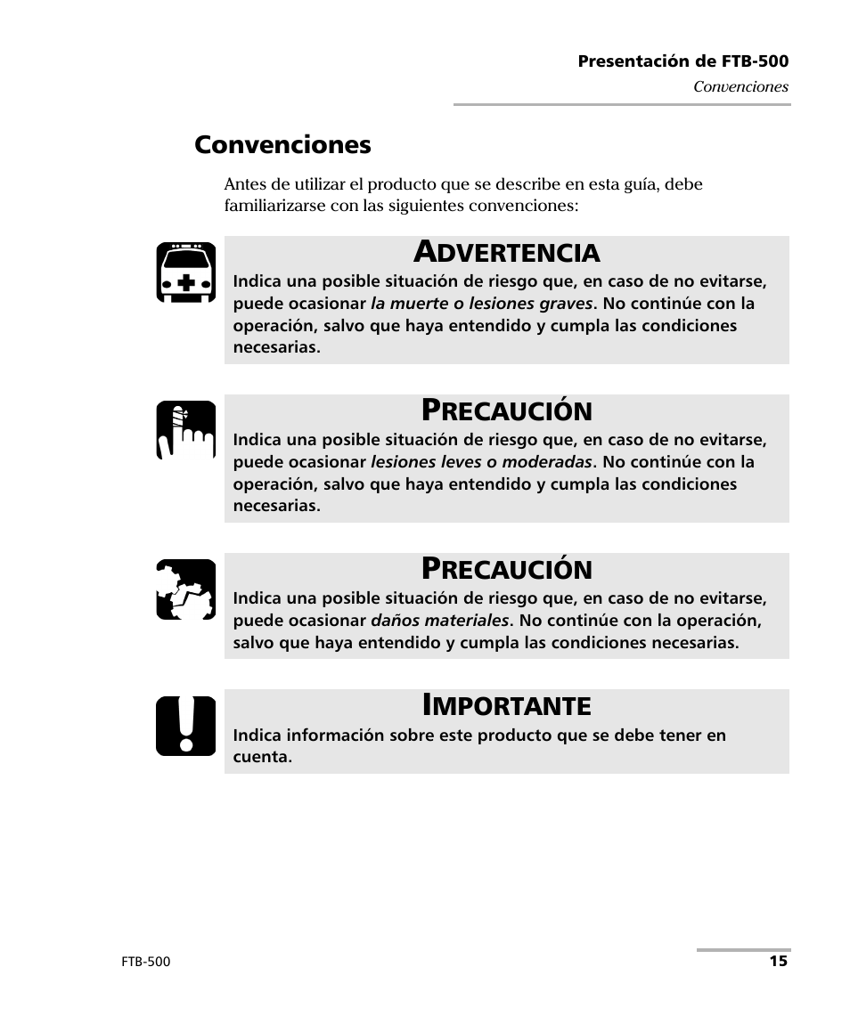 Convenciones, Dvertencia, Recaución | Mportante | EXFO FTB-500 (Window XP) User Manual | Page 23 / 477