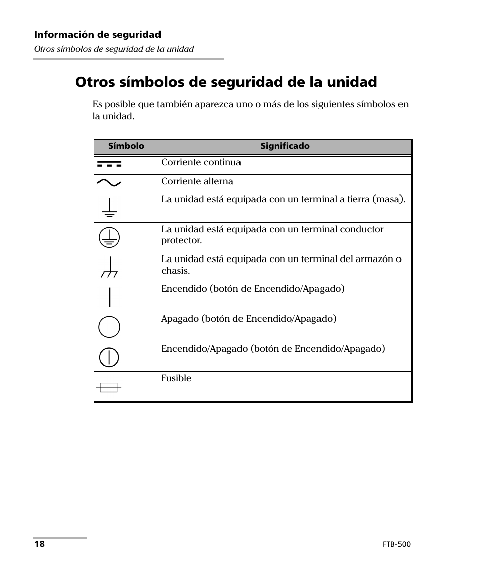 Otros símbolos de seguridad de la unidad | EXFO FTB-500 (Window XP) User Manual | Page 26 / 477