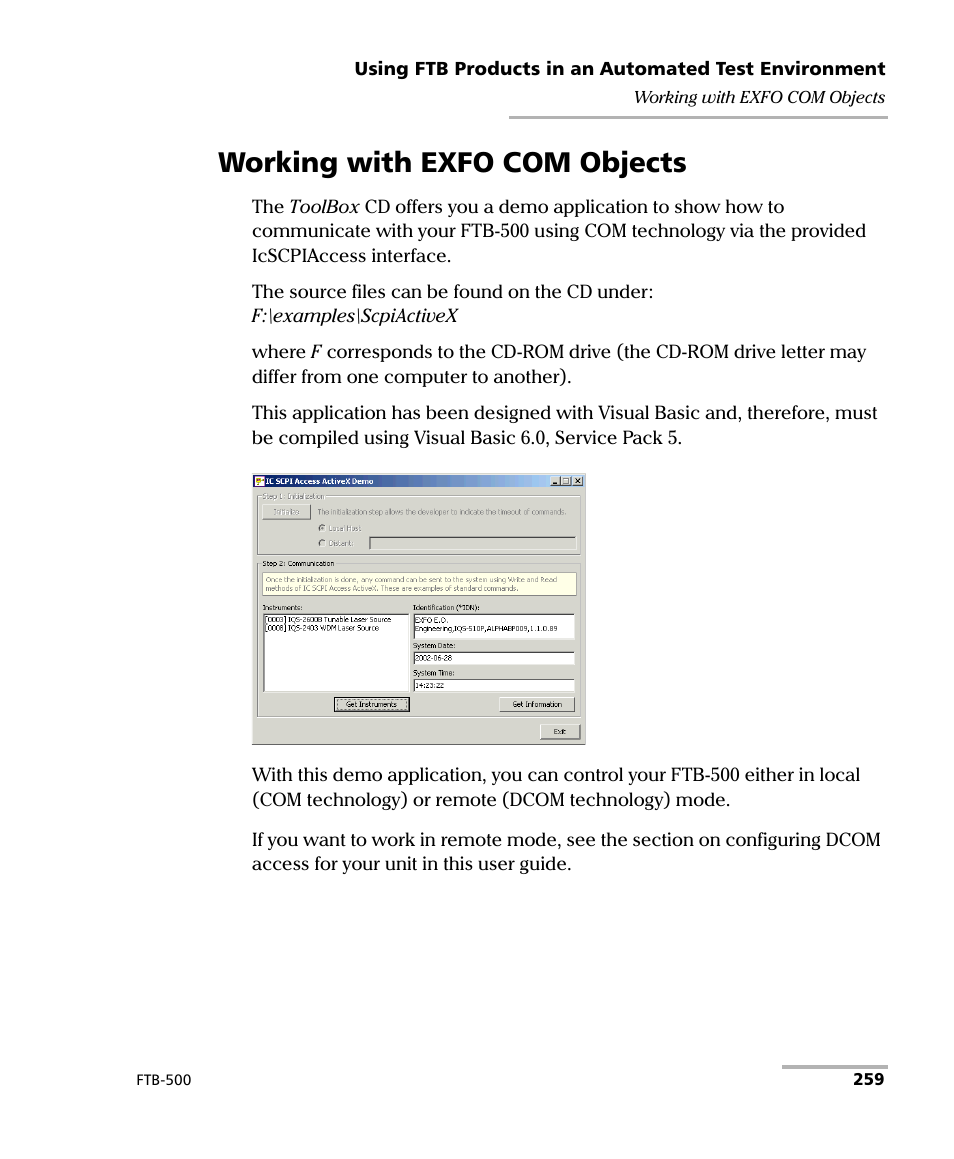 Working with exfo com objects | EXFO FTB-500 (Window XP) User Manual | Page 267 / 477