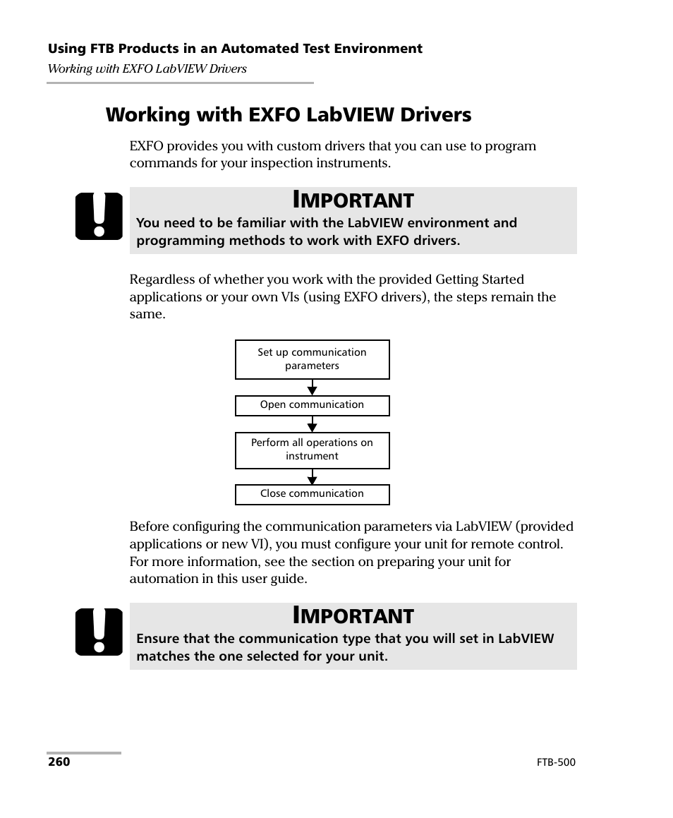 Working with exfo labview drivers, Mportant | EXFO FTB-500 (Window XP) User Manual | Page 268 / 477