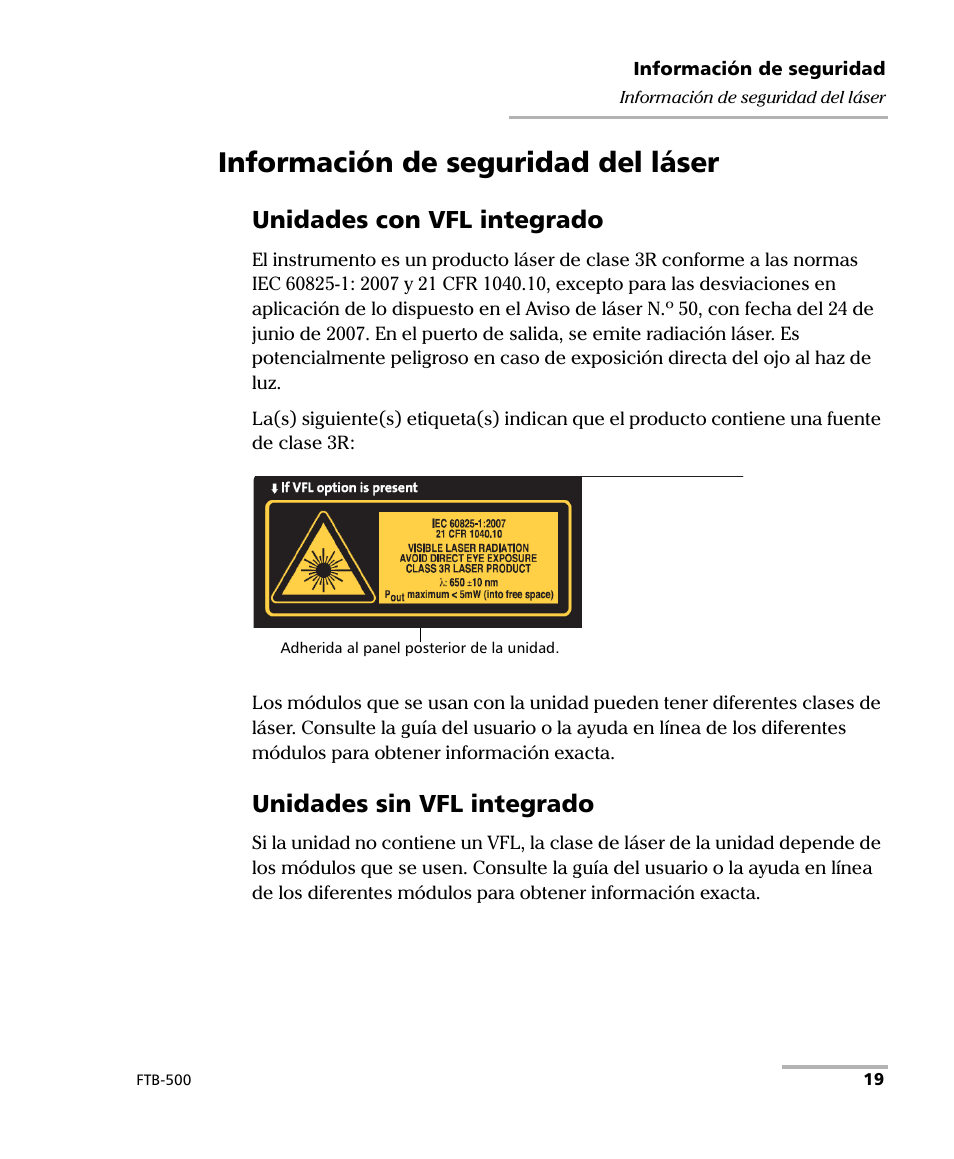 Información de seguridad del láser, Unidades con vfl integrado, Unidades sin vfl integrado | EXFO FTB-500 (Window XP) User Manual | Page 27 / 477