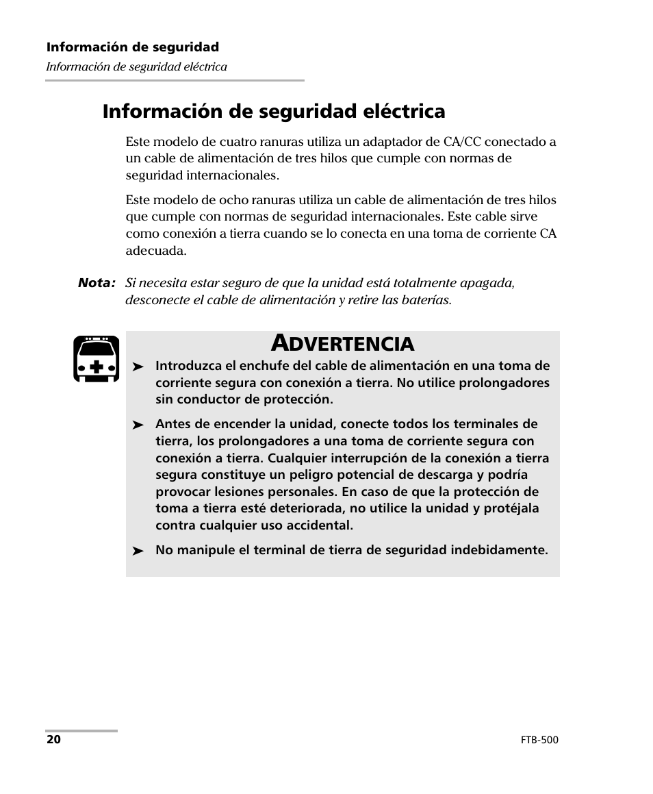 Información de seguridad eléctrica, Dvertencia | EXFO FTB-500 (Window XP) User Manual | Page 28 / 477