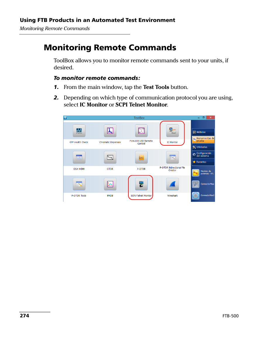 Monitoring remote commands | EXFO FTB-500 (Window XP) User Manual | Page 282 / 477