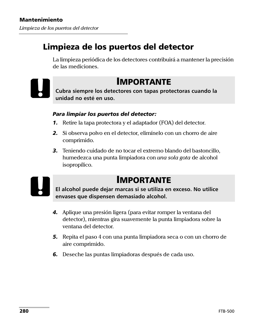 Limpieza de los puertos del detector, Mportante | EXFO FTB-500 (Window XP) User Manual | Page 288 / 477