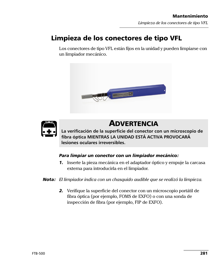 Limpieza de los conectores de tipo vfl, Dvertencia | EXFO FTB-500 (Window XP) User Manual | Page 289 / 477