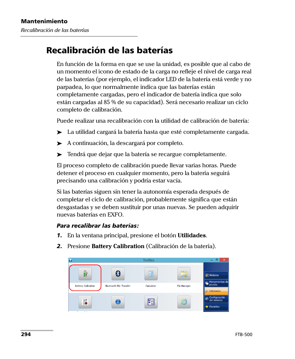 Recalibración de las baterías | EXFO FTB-500 (Window XP) User Manual | Page 302 / 477