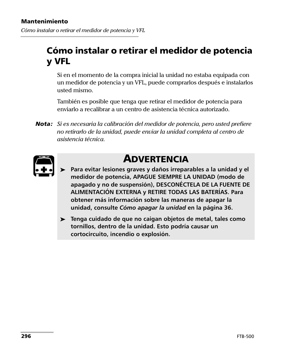 Dvertencia | EXFO FTB-500 (Window XP) User Manual | Page 304 / 477