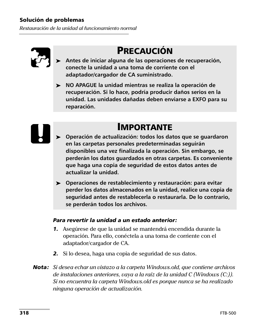 Recaución, Mportante | EXFO FTB-500 (Window XP) User Manual | Page 326 / 477