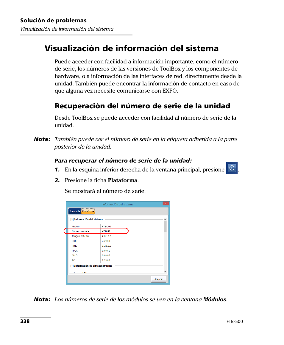 Visualización de información del sistema, Recuperación del número de serie de la unidad | EXFO FTB-500 (Window XP) User Manual | Page 346 / 477