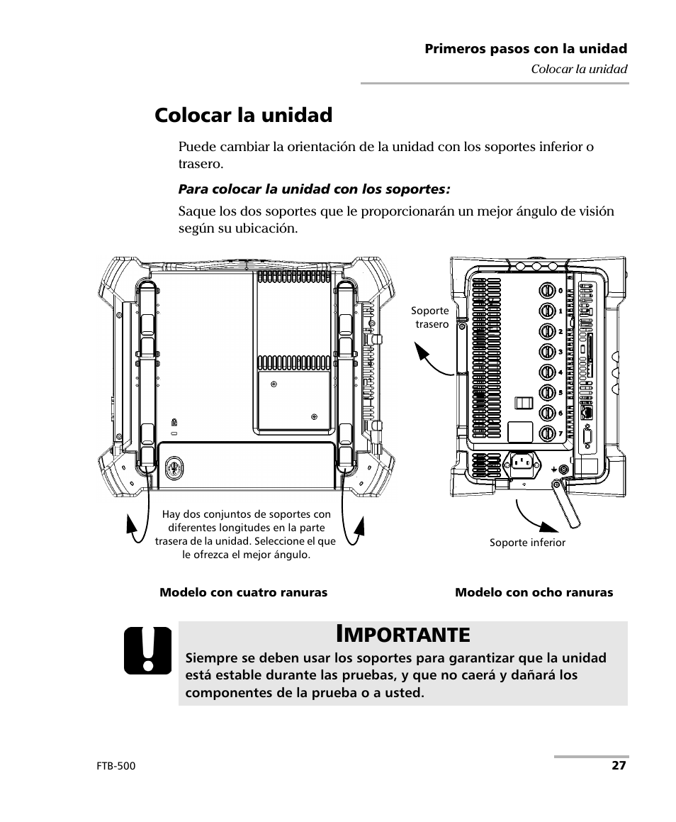 Colocar la unidad, Mportante | EXFO FTB-500 (Window XP) User Manual | Page 35 / 477
