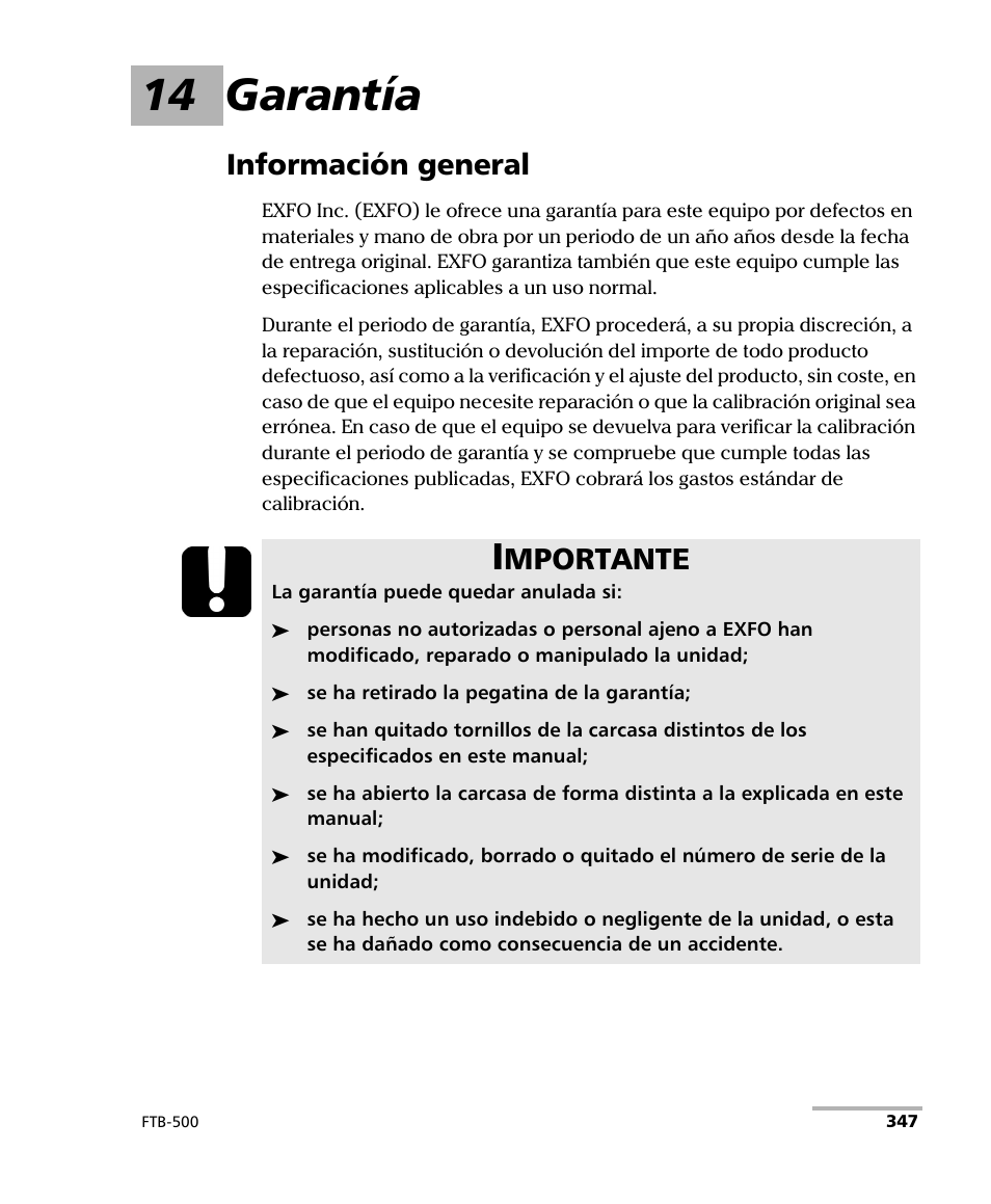 14 garantía, Información general, Mportante | EXFO FTB-500 (Window XP) User Manual | Page 355 / 477