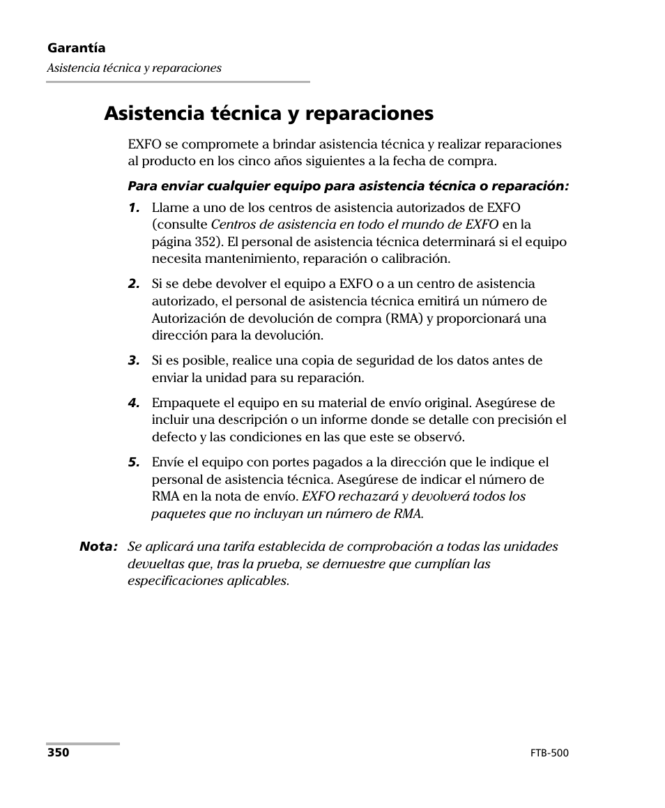 Asistencia técnica y reparaciones | EXFO FTB-500 (Window XP) User Manual | Page 358 / 477