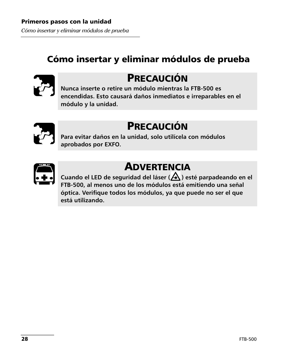 Cómo insertar y eliminar módulos de prueba, Recaución, Dvertencia | EXFO FTB-500 (Window XP) User Manual | Page 36 / 477