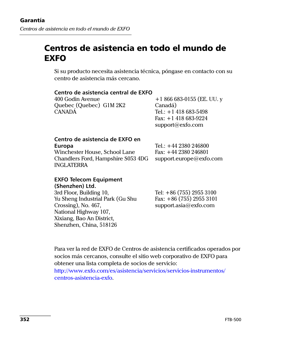 Centros de asistencia en todo el mundo de exfo | EXFO FTB-500 (Window XP) User Manual | Page 360 / 477