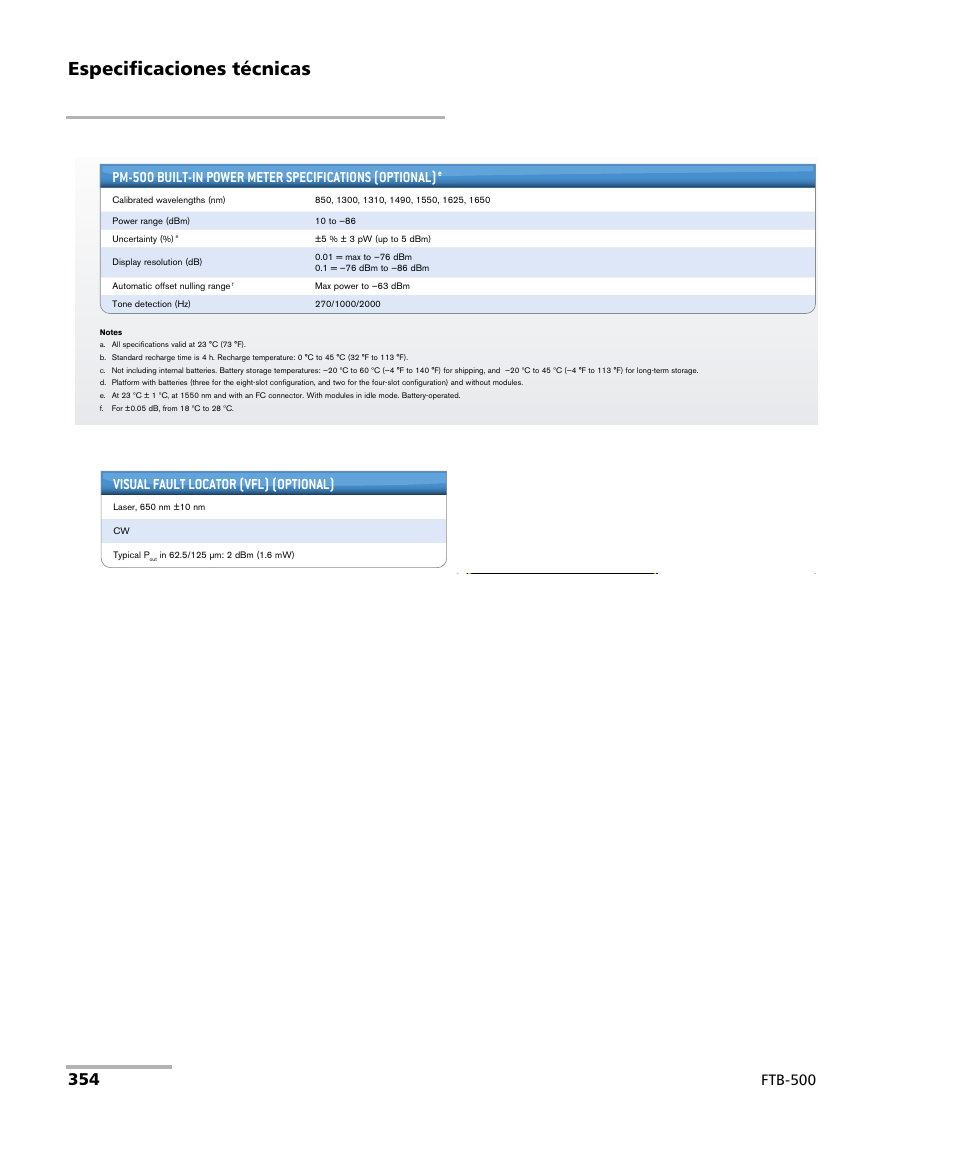 Especificaciones técnicas, Ftb-500, Visual fault locator (vfl) (optional) | Laser safety | EXFO FTB-500 (Window XP) User Manual | Page 362 / 477