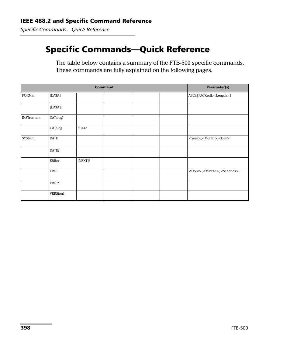 Specific commands—quick reference, Ieee 488.2 and specific command reference | EXFO FTB-500 (Window XP) User Manual | Page 406 / 477