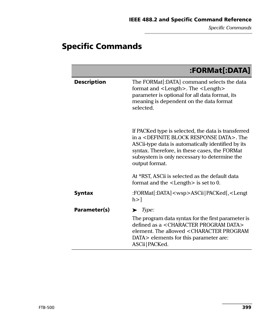 Specific commands, Format[:data | EXFO FTB-500 (Window XP) User Manual | Page 407 / 477