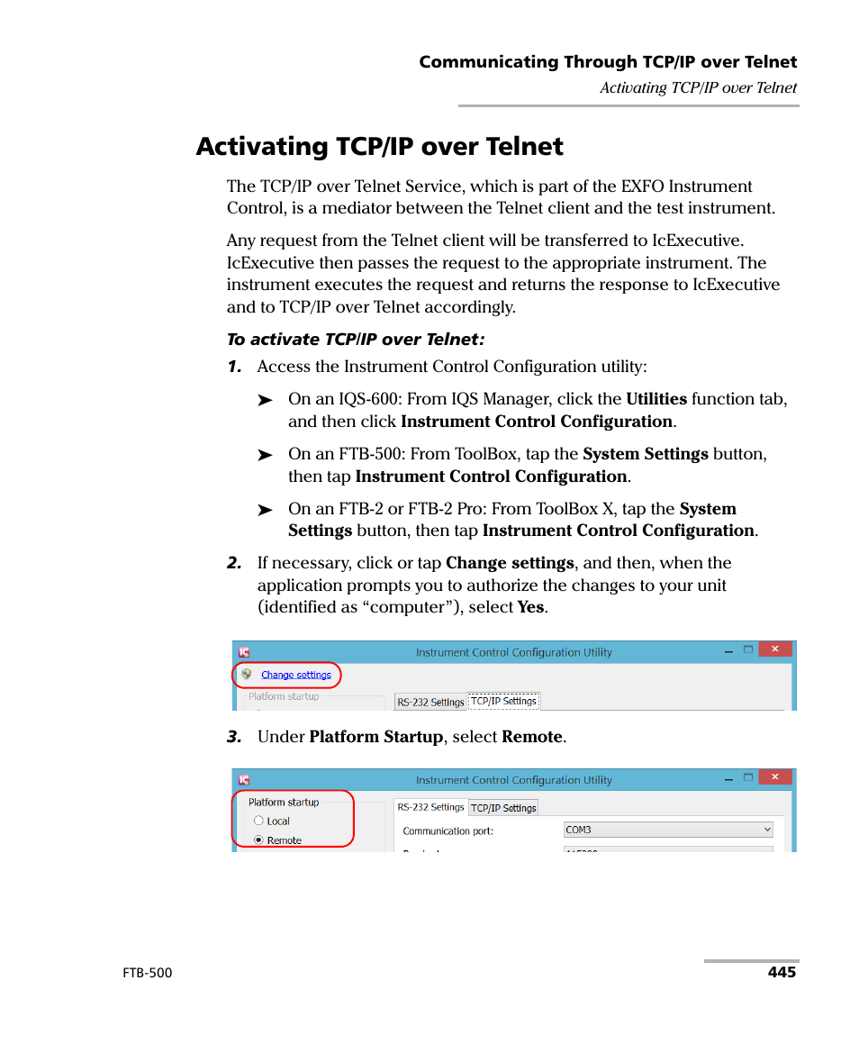 Activating tcp/ip over telnet | EXFO FTB-500 (Window XP) User Manual | Page 453 / 477