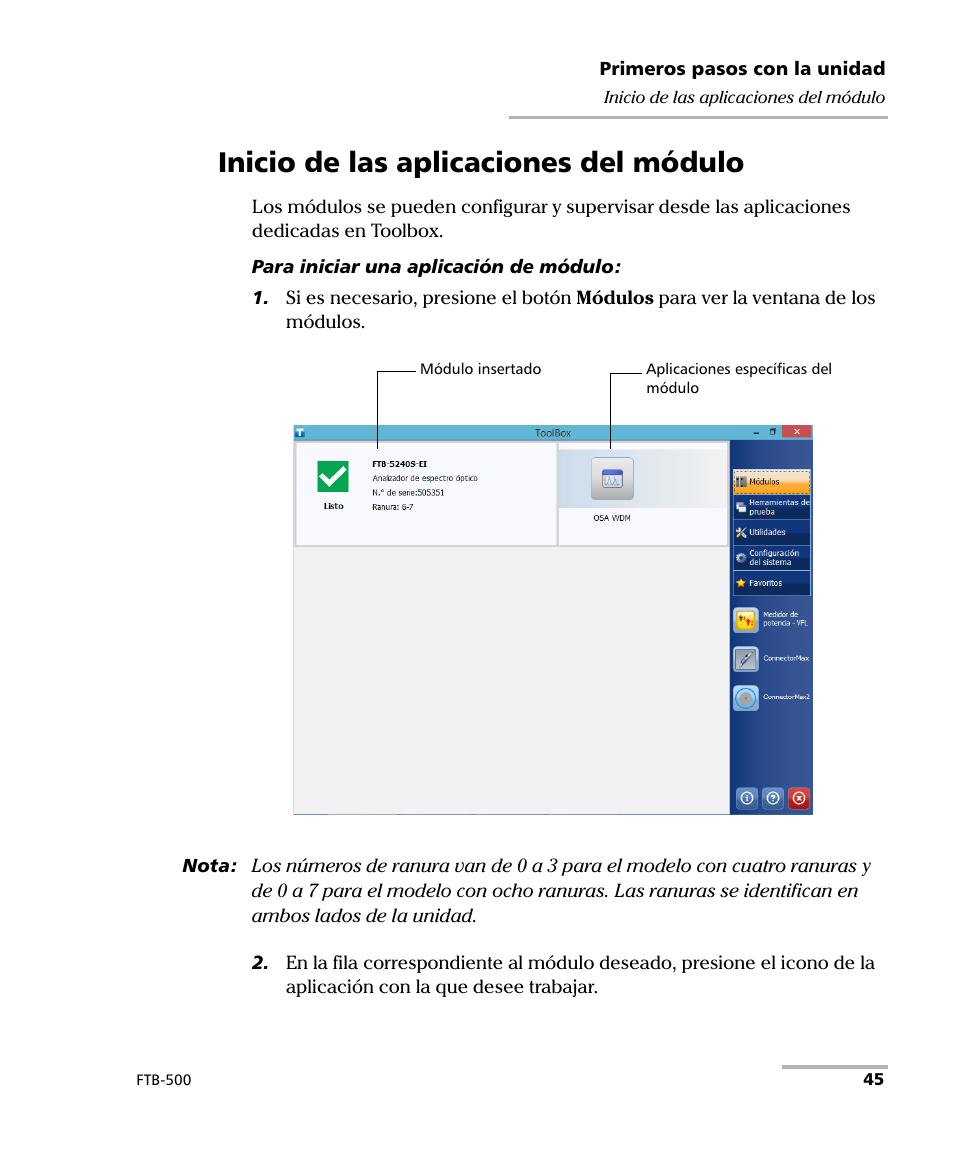 Inicio de las aplicaciones del módulo | EXFO FTB-500 (Window XP) User Manual | Page 53 / 477