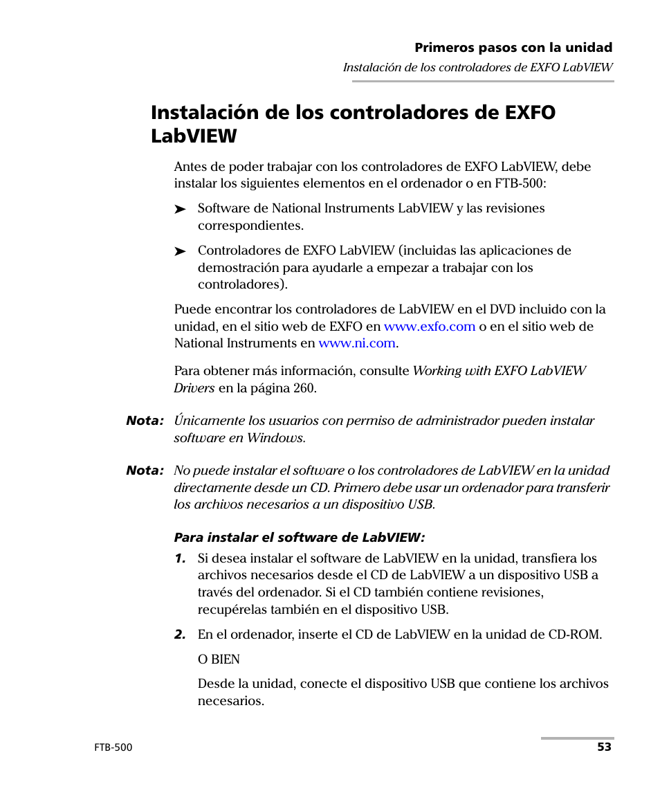 Instalación de los controladores de exfo labview | EXFO FTB-500 (Window XP) User Manual | Page 61 / 477