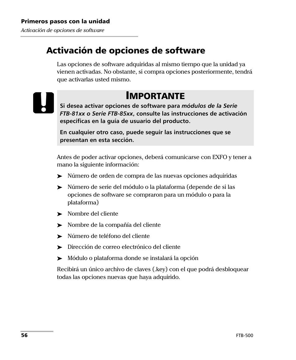 Activación de opciones de software, Mportante | EXFO FTB-500 (Window XP) User Manual | Page 64 / 477