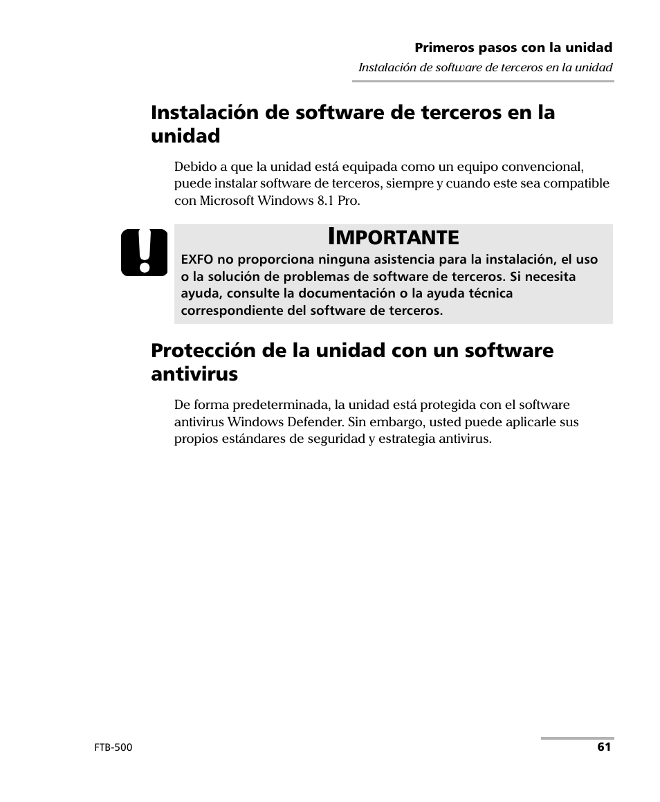 Instalación de software de terceros en la unidad, Protección de la unidad con un software antivirus, Mportante | EXFO FTB-500 (Window XP) User Manual | Page 69 / 477