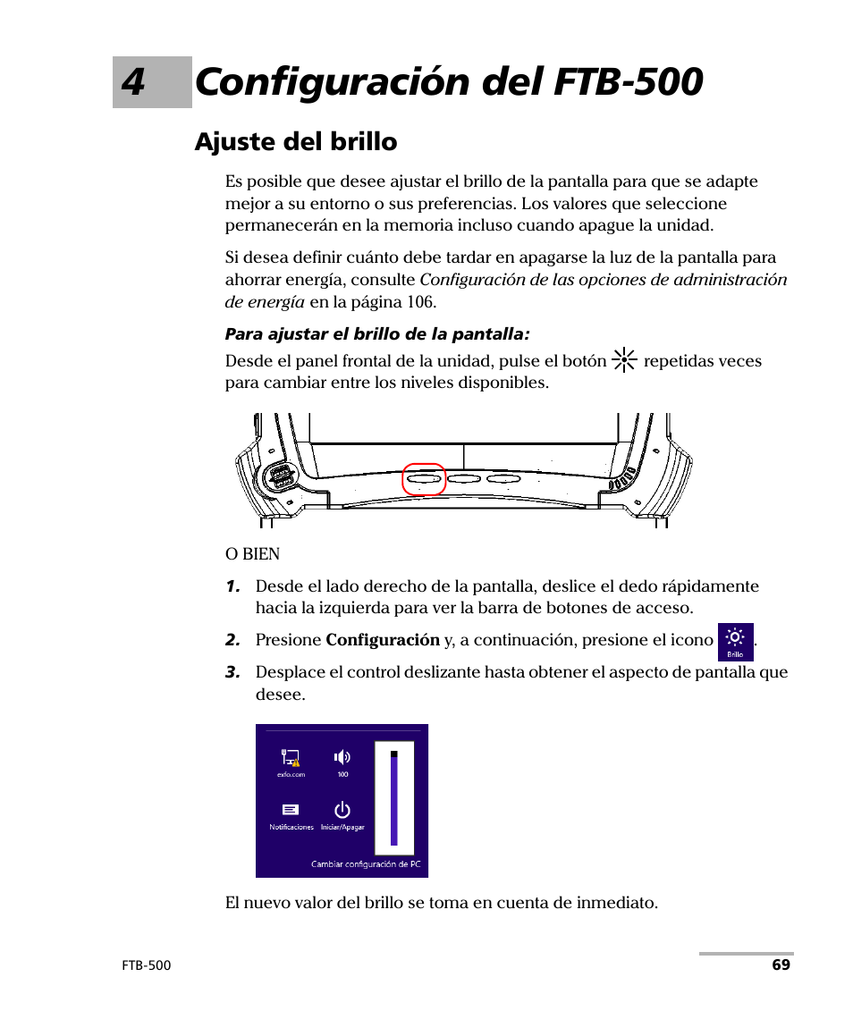 4 configuración del ftb-500, Ajuste del brillo, 4configuración del ftb-500 | EXFO FTB-500 (Window XP) User Manual | Page 77 / 477