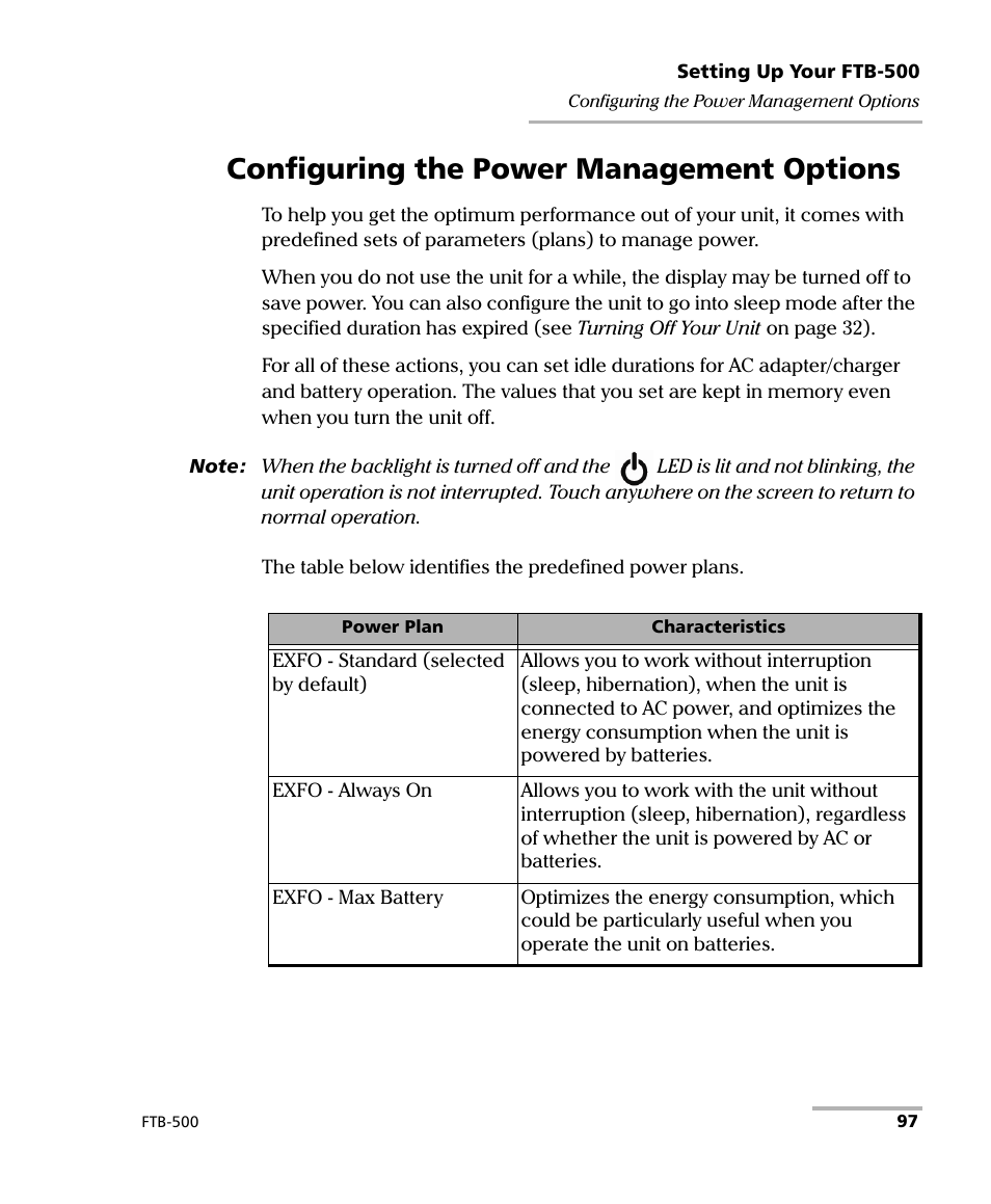 Configuring the power management options | EXFO FTB-500 User Manual | Page 105 / 453