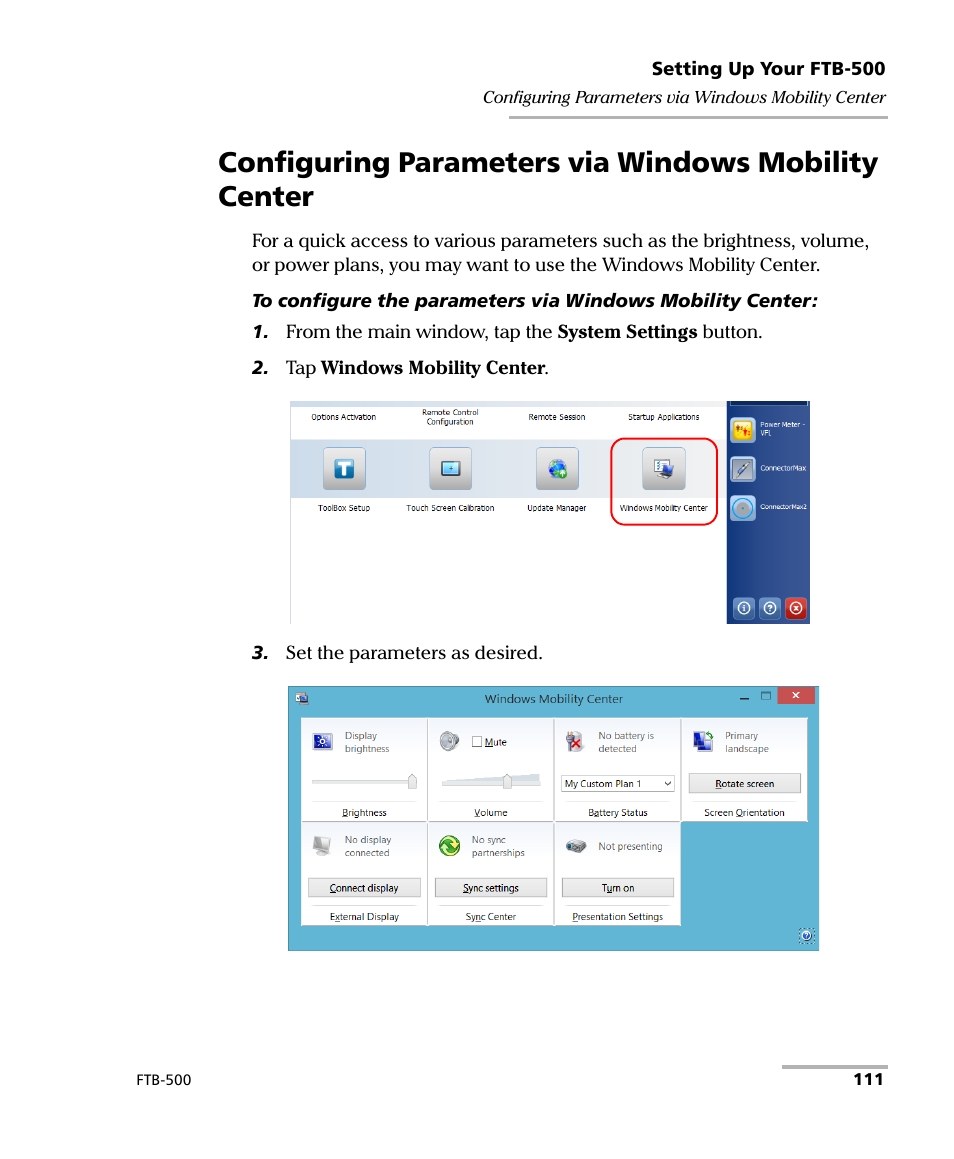Configuring parameters via windows mobility center | EXFO FTB-500 User Manual | Page 119 / 453