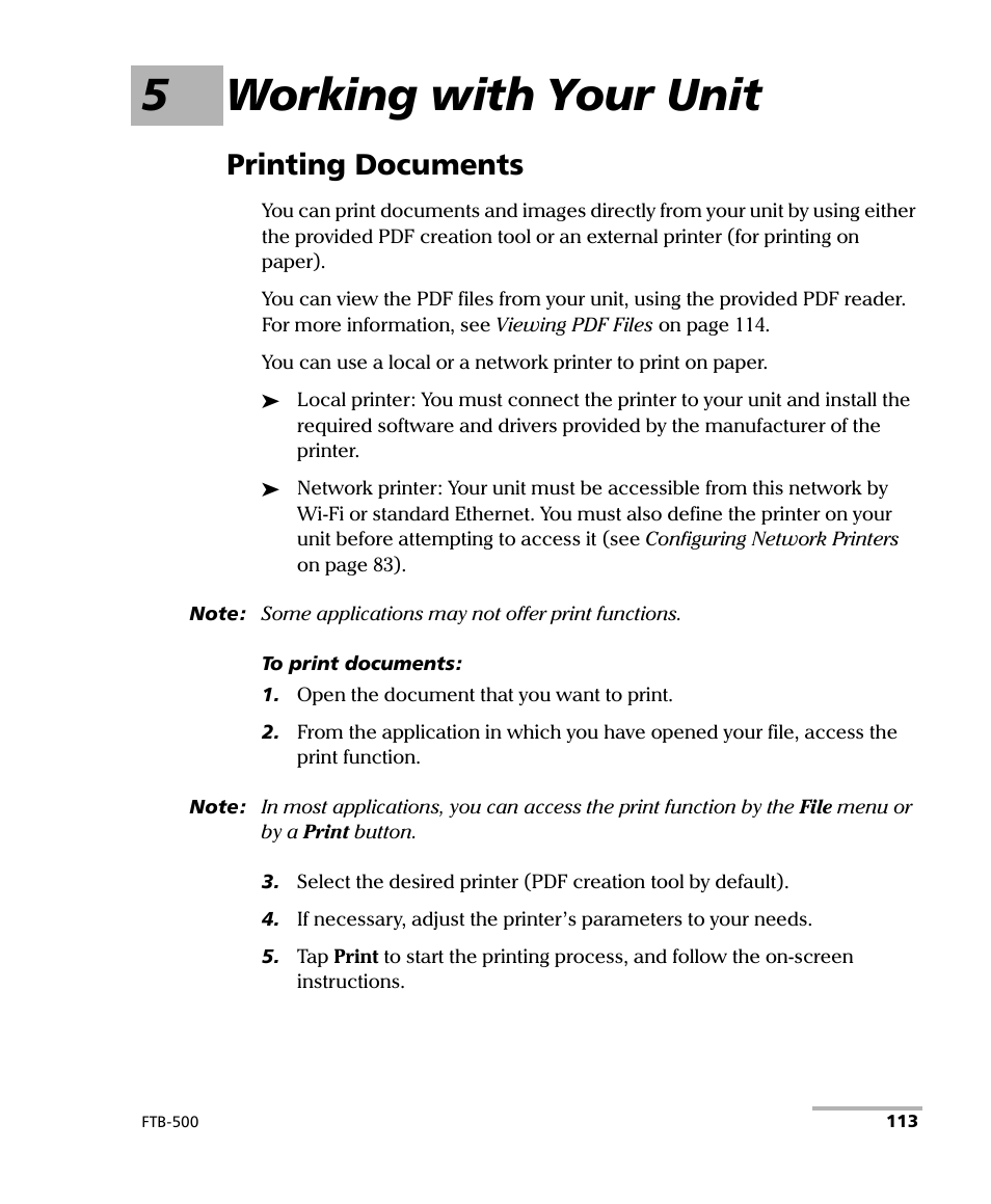 5 working with your unit, Printing documents, 5working with your unit | EXFO FTB-500 User Manual | Page 121 / 453