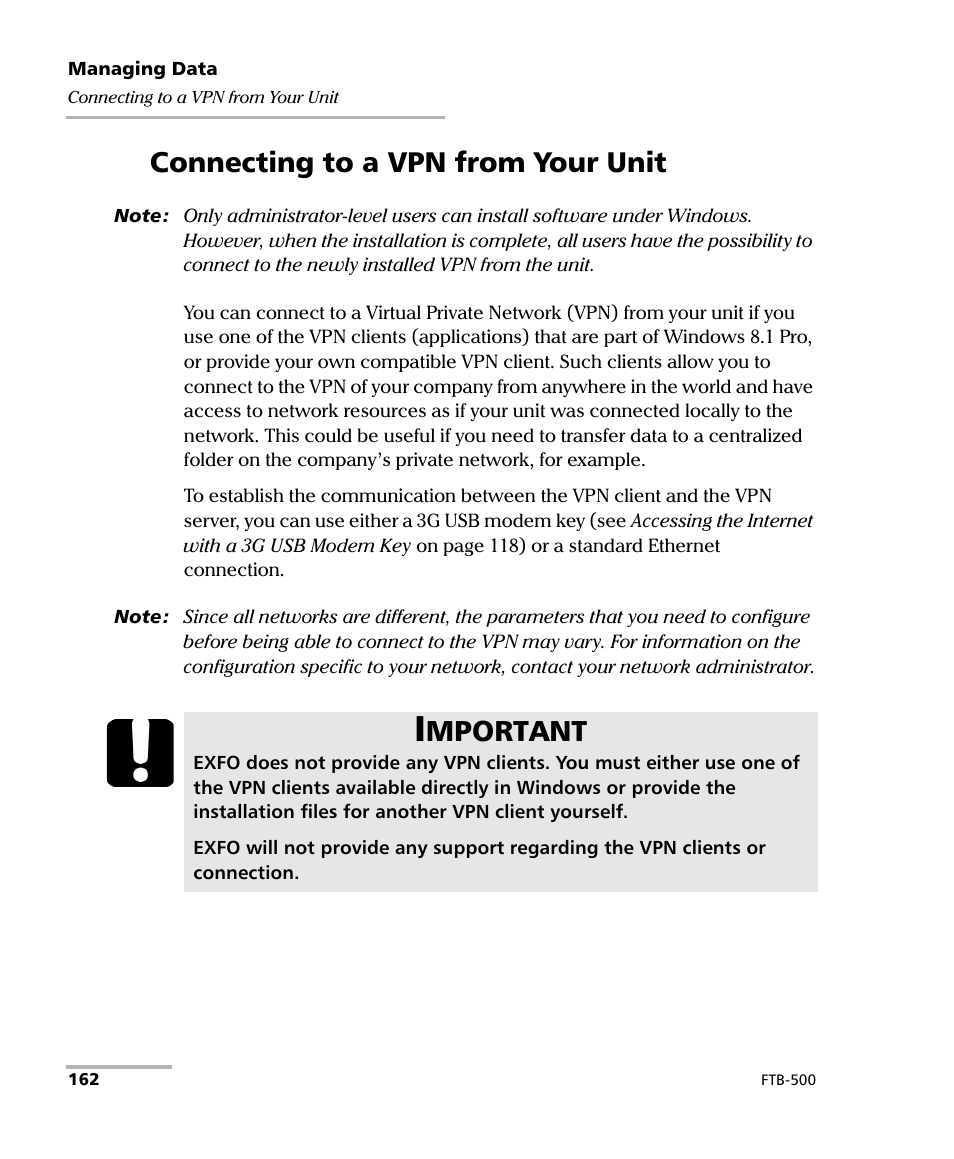 Connecting to a vpn from your unit, Mportant | EXFO FTB-500 User Manual | Page 170 / 453