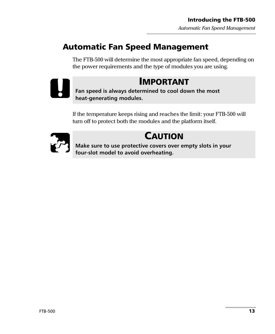 Automatic fan speed management, Mportant, Aution | EXFO FTB-500 User Manual | Page 21 / 453
