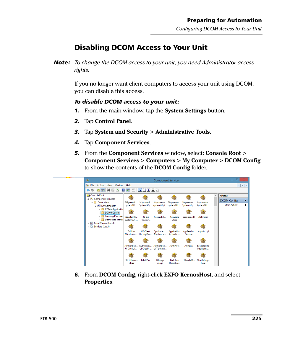 Disabling dcom access to your unit | EXFO FTB-500 User Manual | Page 233 / 453
