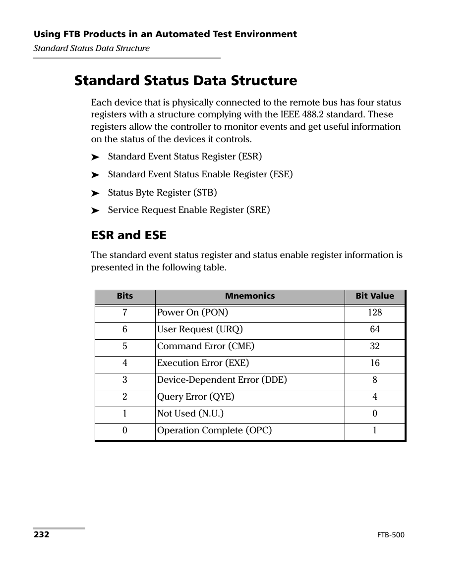 Standard status data structure, Esr and ese | EXFO FTB-500 User Manual | Page 240 / 453