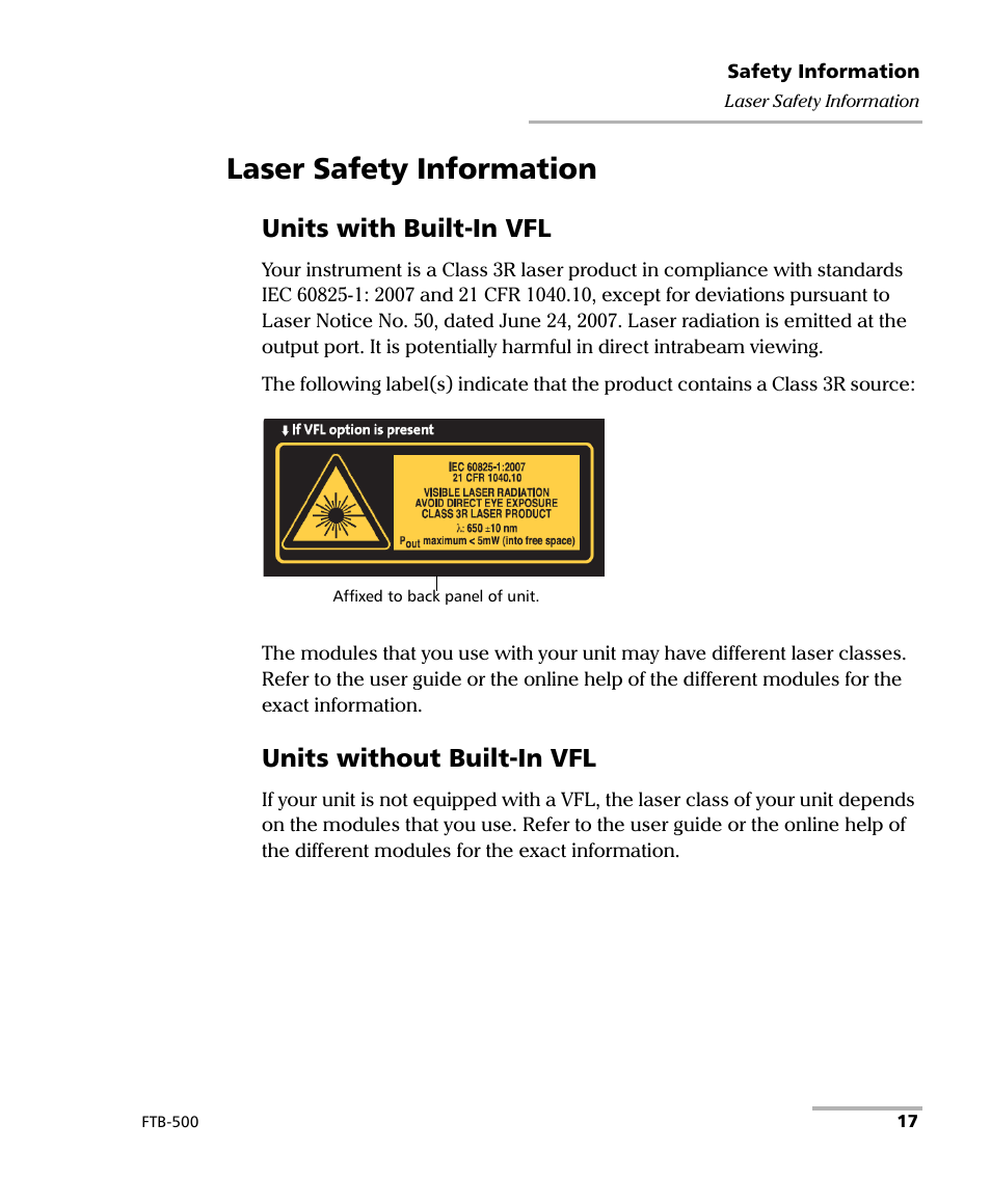 Laser safety information, Units with built-in vfl, Units without built-in vfl | EXFO FTB-500 User Manual | Page 25 / 453