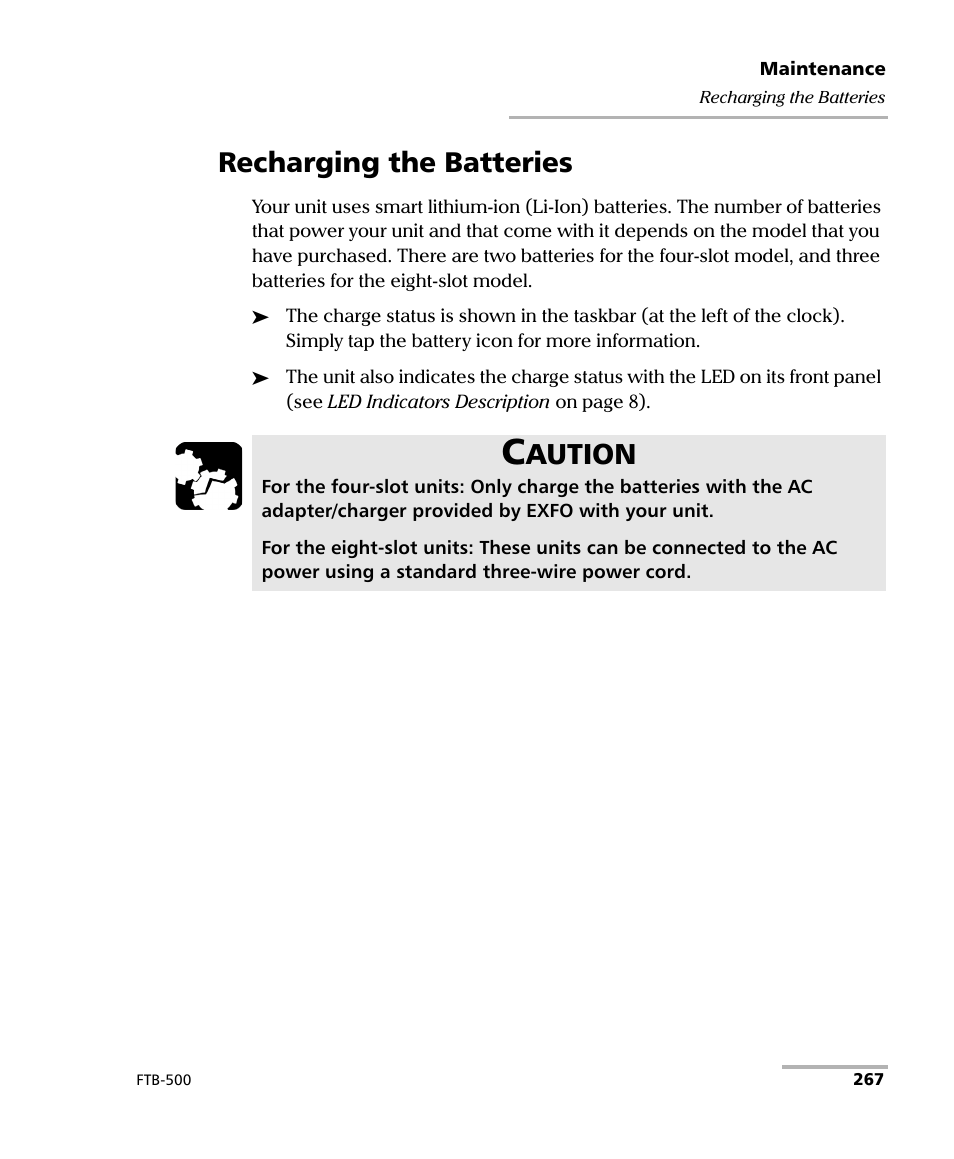 Recharging the batteries, Aution | EXFO FTB-500 User Manual | Page 275 / 453