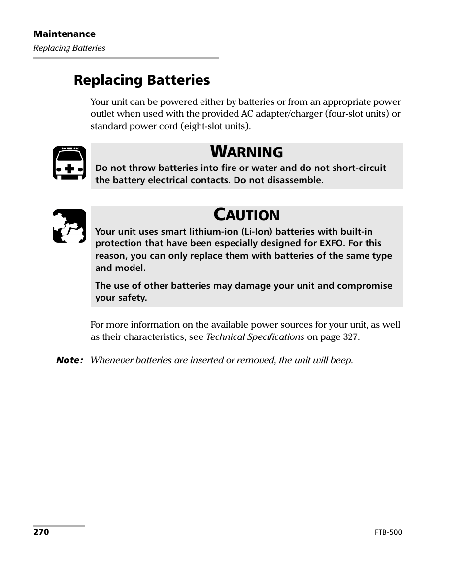 Replacing batteries, Arning, Aution | EXFO FTB-500 User Manual | Page 278 / 453