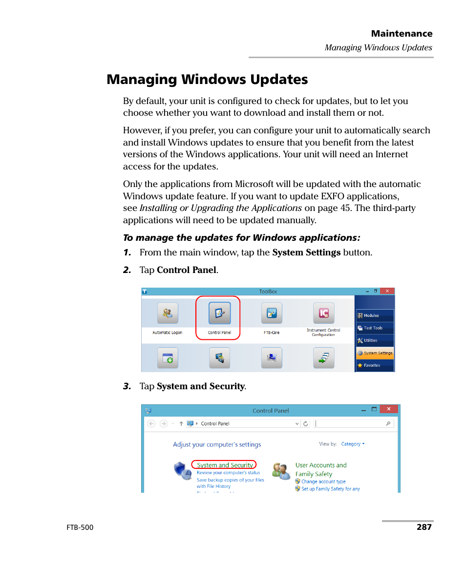 Managing windows updates | EXFO FTB-500 User Manual | Page 295 / 453